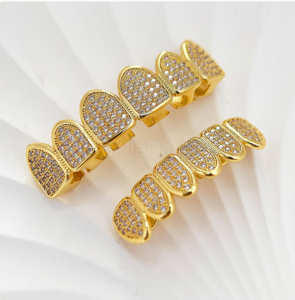 Iced Out Gold Grillz 6 Top 6 Bottom Diamond Teeth Caps Luxury Jewelry