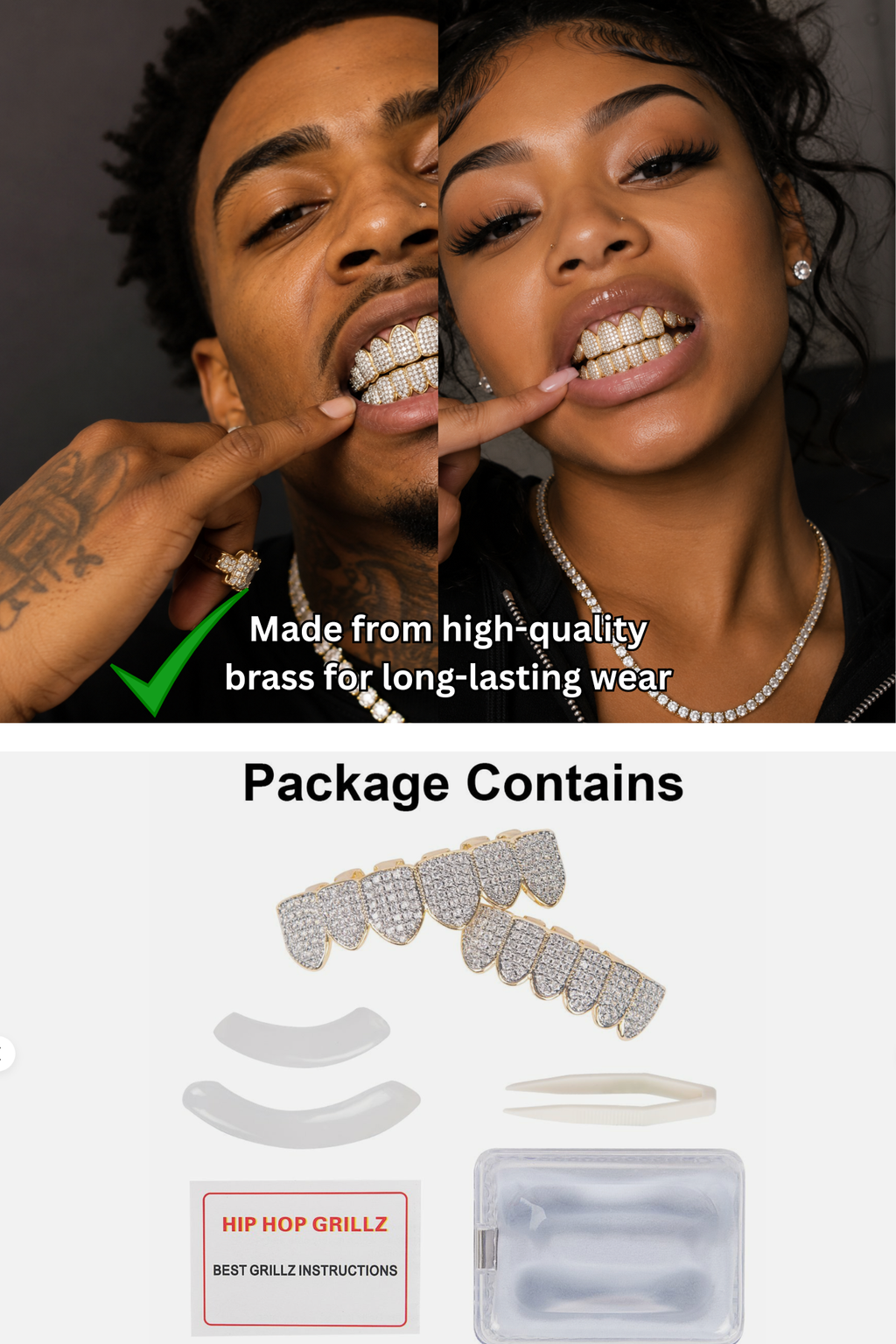 Iced Out Gold Grillz 6 Top 6 Bottom Diamond Teeth Caps Luxury Jewelry